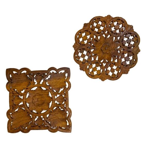 Two Vintage Carved Dark Wooden Decorative Rustic Square and Round Wall Decor - Picture 1 of 9